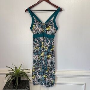Prana Teal White Yellow Floral Athletic Sleeveless Built In Bra Summer Dress S